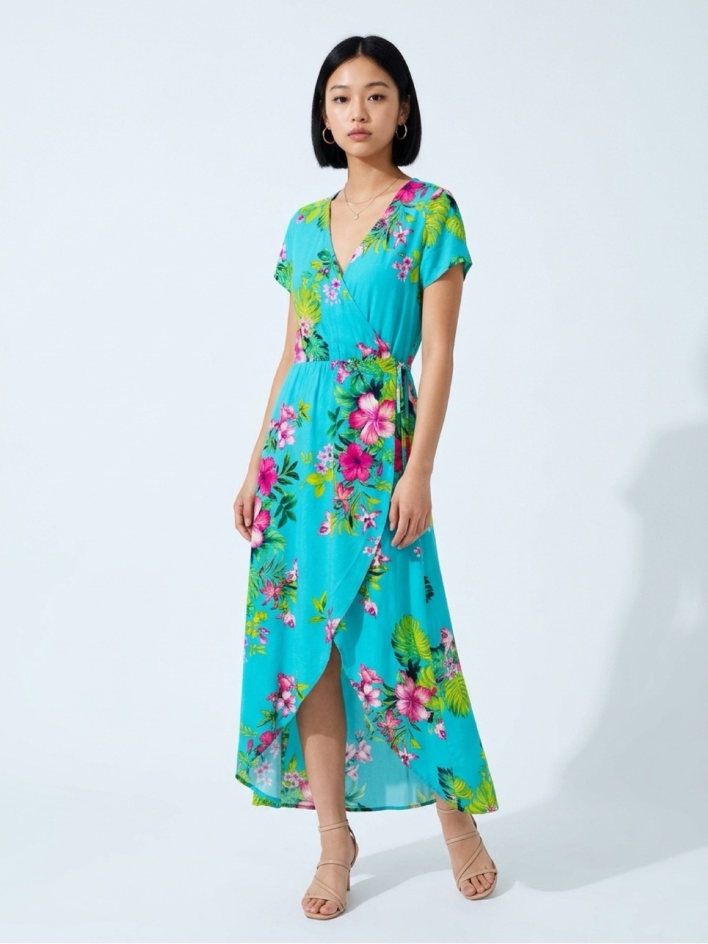 🌺 Tropical Floral Wrap Midi Dress